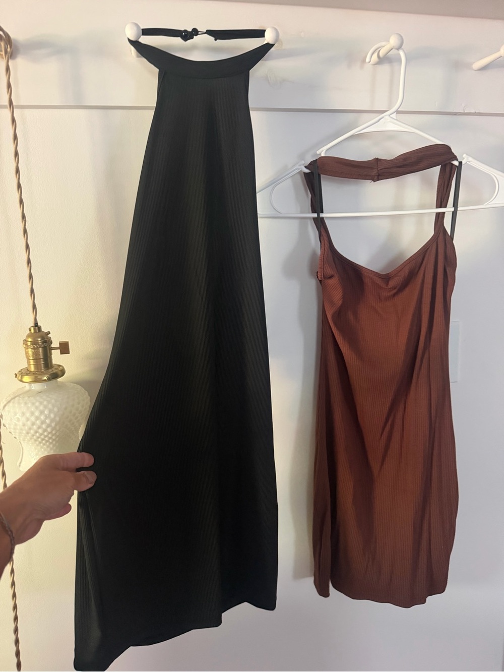Pair of SHEIN Ribbed Halter mini Dresses. Black and Brown.